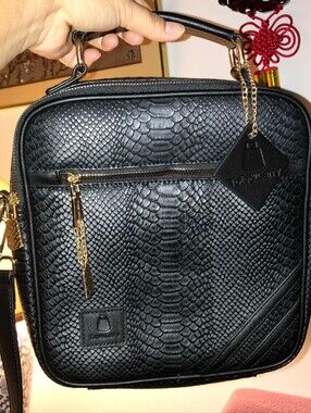 Tote & Carry Black Faux-Snakeskin Messenger Bag